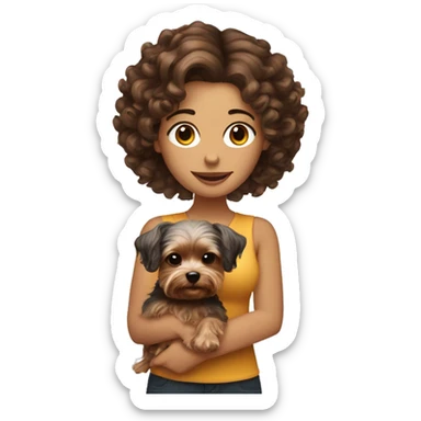 white women with curly medium length brunette hair, holding a cute yorkie dog sticker