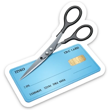 Floating black Scissors cutting a light blue military ID card in 2 parts .hyper realistic sticker