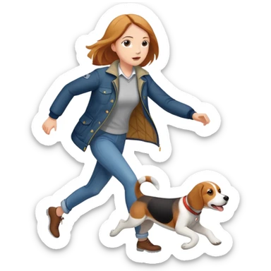 A beautiful tall girl with fair skin wearing a jacket chasing a beagle sticker