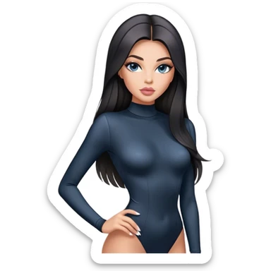 Glamours, tanned, very beautiful girl, with big pump peach-beige-rose lips, long long lashes, black straight smooth silky long hair, straight parting hair, blue-grey eyes in black long-sleeves bodysuit sticker