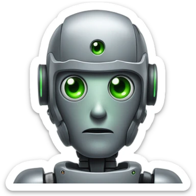 Grey robot with one green eye and one black turned off eye with a indent on top of his head sticker