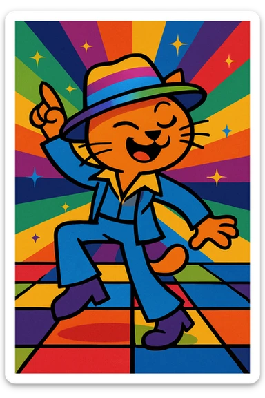 disco cat, funky hat, energetic dance move, rainbow lights sticker