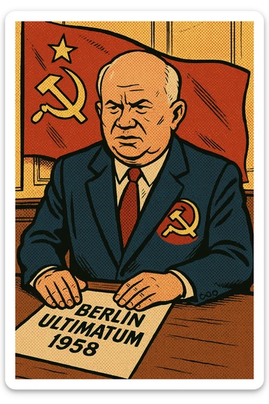 Soviet leader Khrushchev wearing a suit with a large communist party badge on his chest sitting in an office with a piece of paper in front of him with the words 'Berlin Ultimatum 1958' written on it. In the background is a communist flag sticker