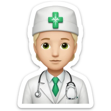a doctor in white suit with a doctor hat with green cross sticker