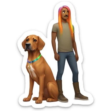 white male with long rainbow colored hair standing alongside a brown rhodesian ridgeback sticker