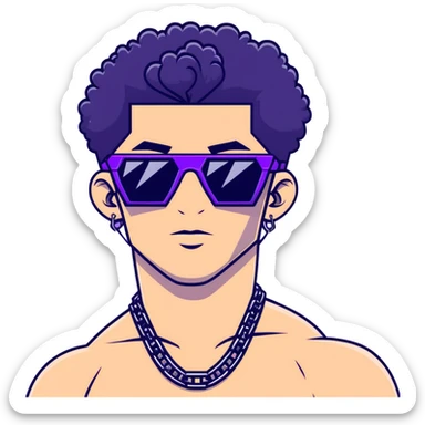 shirtless male athlete with white skin and moderately curly black hair on top with shaved sides, wearing sharp angular geometric purple sunglasses with very dark heavily tinted black lenses, and a simple plain black chain necklace, no earrings sticker