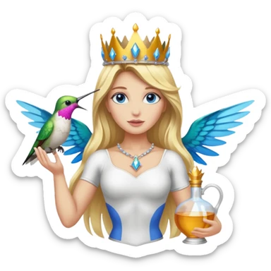 full body woman long blonde hair blue eyes white skin muscular build hummingbird crown and nectar flask sticker