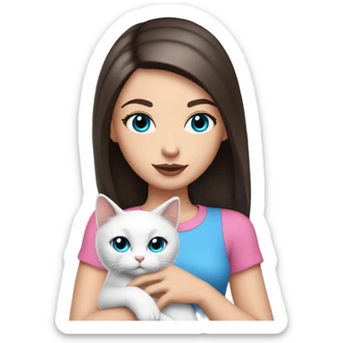 white girl with straight dark brown hair and blue eyes with pink lips and long eyelashes wearing a pink shirt holding a white cat sticker