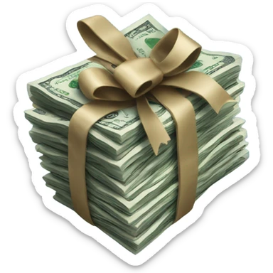 a bundle of money tied with a dark blue bow sticker