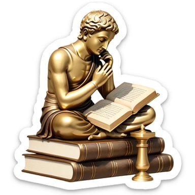 An icon featuring a Thinker statue, a scroll, symbolizing philosophy. The design includes books and abstract symbols representing deep thought and wisdom. Transparent background highlights the study of ideas, logic, and existential questions sticker