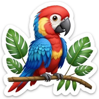 Cinematic Realistic Cute Macaw Portrait Emoji, Head tilted playfully and inquisitively, featuring a compact, lively build with intricately detailed, vivid scarlet and blue feathers and a charming, expressive face with round, sparkling eyes full of tropical wonder, rendered with realistic texture and vibrant natural hues, high shine, affectionate and spirited, styled with a touch of whimsical rainforest charm, soft glowing outline, capturing the essence of a mischievous yet lovable macaw that seems poised to flutter playfully into your arms! sticker