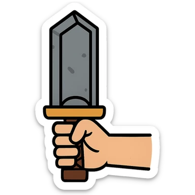 Add a hand holding the huge fantasy sword inspired by Berserk, preserving the metallic textures and sense of weight, with no background. sticker