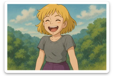 A girl yellow hair brown eyes grey Women's just t's short triblend t-shirt purple trousers laughing sticker