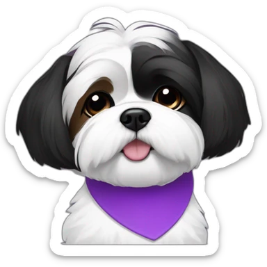 half face black and half face white shihtzu dog wearing a bun and a pueple collar sticker