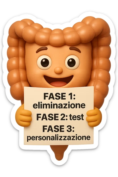 emoji stile iphone 3d di un intestino che tiene in mano un foglio con la scritta "FASE 1: eliminazione, FASE 2: test, FASE 3: personalizzazione, IPERREALISTICO 4K sticker