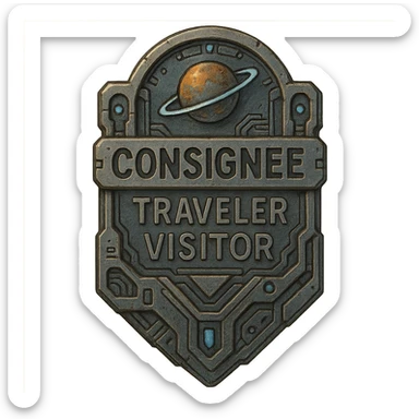 a metal insignia badge for a consignee traveler visitor, space scifi-futuristic cyberpunk futurepunk sticker