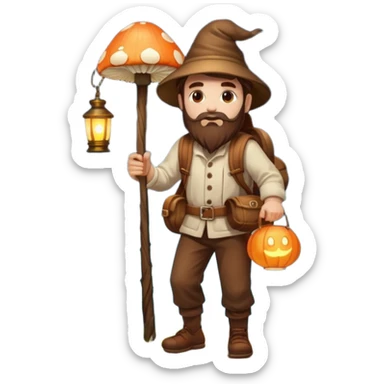 full body man long brown hair brown eyes medium beard white skin carrying glowing mushroom lantern sticker