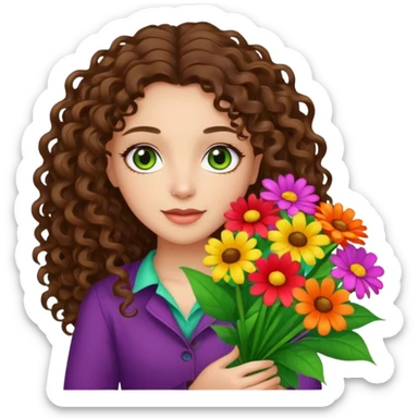 light skinned brunette long curly haired girl with green/hazel eyes holding big bright bunch of flowers. White background. sticker