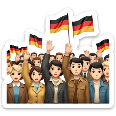 group of protesters, some waving East and West German flags, Berlin Wall behind, 1950s and 60s sticker