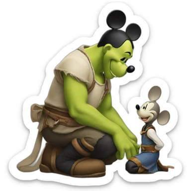 Mickey Mouse kneeling in front of Shrek sticker