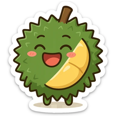 round durian in chibi style, green spiky shell, yellow flesh, laughing, eyes closed, mouth wide open, kawaii style, full-body sticker