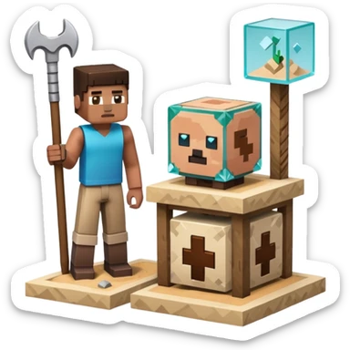 minecraft crafting station in a minecraft cube style with tools, stone, wood, glass, sand, ... sticker
