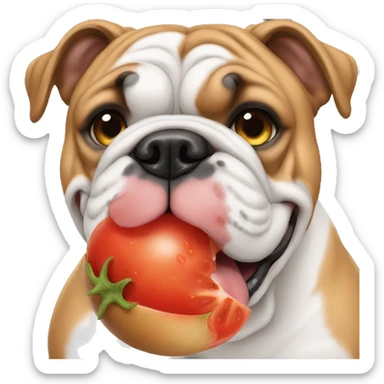 an english bulldog eating a tomato sticker