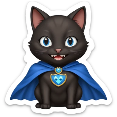 an all black anthropomorphic cat with blue eyes wears an all black cape and is smiling a mischievous sharp tooth grin sticker
