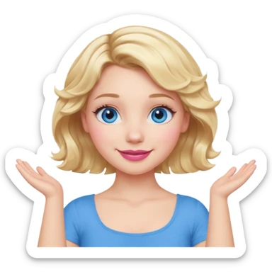 Girl Blonde short wavy hair,  blue eyes, cute blue top, long lashes, pink lips, smiling, making an x with arms  sticker