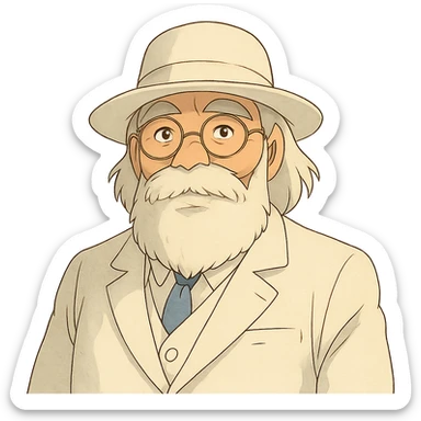 old man with a white hat, slightly long white beard, white moustache, round glasses, white suit, white longish hair, ghibli style sticker