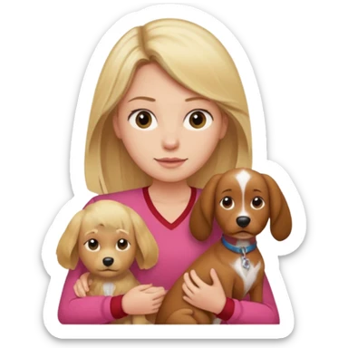 Mulher loira usando blusa rosa e seu filho de cabelo castanho comprido usando uma camisa vermelha e um cachorro  sticker