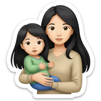 Asian female in long hair carrying her toddler daughter  sticker