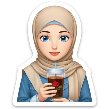 Turkish beautiful finish Konya girl blue eyes with beige denim hijab islamic dress and had on her hand Rose Cold brew coffee   sticker