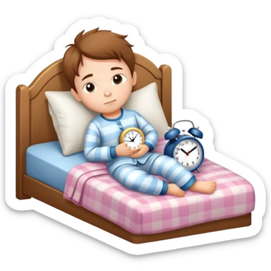 child tucked in bed with a clock showing bedtime, simple and cute sticker