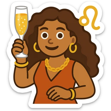 Create a simple and bold illustration of a Leo woman with a glass of champagne in the style of apple emojis. The woman should have a round face, big eyes, and minimal details. The background should be transparent. sticker