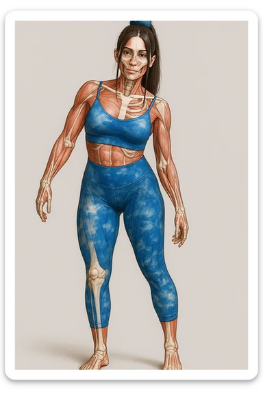 A realistic medical style illustration of a woman in sportswear with an asymmetric posture, showing visible muscles and bones, neutral background, vertical format. sticker