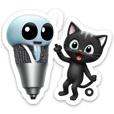 A squid and a black kitten singing karaoke sticker