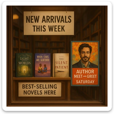 Bookstore window display. A sign displays “New Arrivals This Week”. Below, a shelf tag with the text “Best-Selling Novels Here”. To the side, a colorful poster advertises “Author Meet And Greet on Saturday” with a central portrait of the author. There are four books on the bookshelf, namely “The light between worlds” “When stars are scattered” “The slient patient” “The night circus” sticker