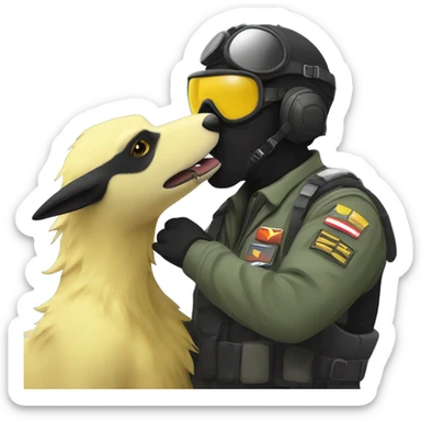 Yellow army Pilot with black mask googles, and then a big sergal kissing him sticker