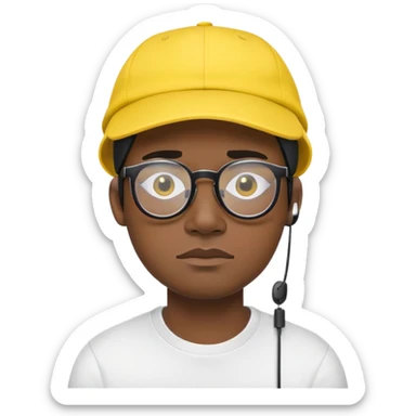 "- Nam
- 30 tuổi
- Da đen
- Đội mũ lưỡi trai vàng
- Đeo kính, airpod
- Mặt buồn
" sticker