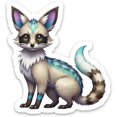 Rare iridescent white exotic epic aesthetic colorful Trico-Eevee-Genet-Civet-species-Fakemon-hybrid-creature, with intricate tattoo markings, full body sticker