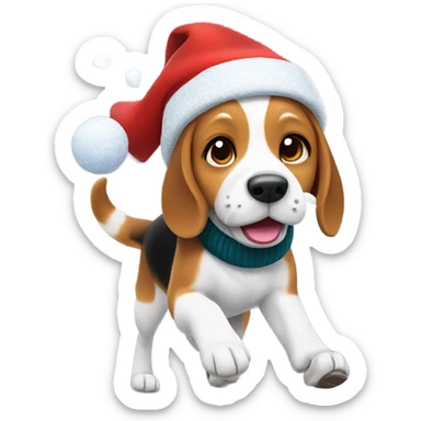 Beagle with red winter clothes and snowball fight sticker