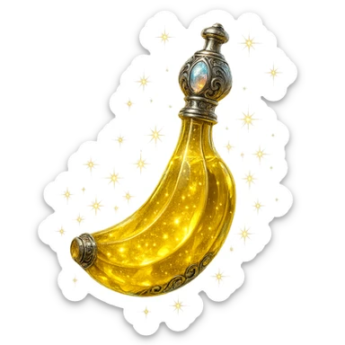 luxurious crystal elixir bottle in banana shape, banana yellow color, ornate silver and iridescent details, maximum magical glowing and sparkling effects, very small neck, seamless bottom, transparent background, bottle clearly floating in air, no base or shadow, modern, collection style sticker