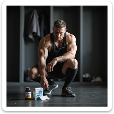 European powerlifter sitting with hands on knees, suffering look, sportswear, bottle of Stanozololo and painkillers package nearby, discomfort atmosphere, realistic details, locker room background sticker