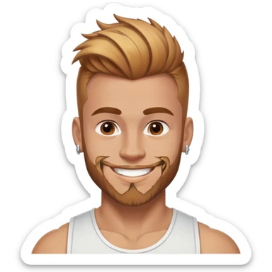 smiling muscular 28 year old man with silver jewelry, light brown hair that has and reddish blond  highlights, and a fauxhawk with trimmed beard cleaning sticker