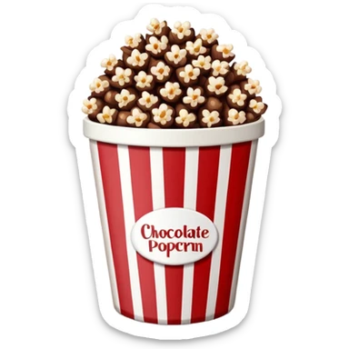 Chocolate popcorn in a paper jar with red and white vertical lineso sticker