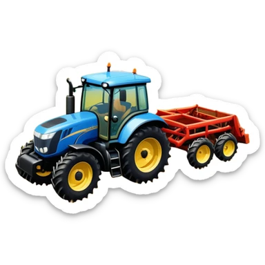An icon representing a farming simulator, with a detailed tractor plowing fields under a bright sky with rural landscape. The design includes farming tools, crops and barns, symbolizing the immersive experience of managing a farm. Transparent background. sticker