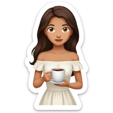 Beautiful woman in 1950’s woman fashion look, off-shoulder white dress, long dark brown hair, coffee sticker