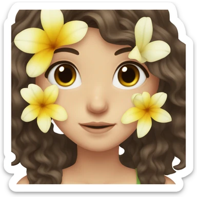 white girl, long dark brown wavy hair, and brown eyes,  with a flower sticker