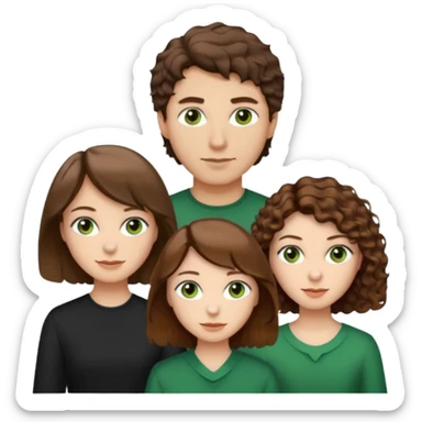 Man in the middle with brown straight hair and green eyes, women next to him with short brown hair with slight waves, tall women on right side with shoulder length curly hair and brown eyes sticker